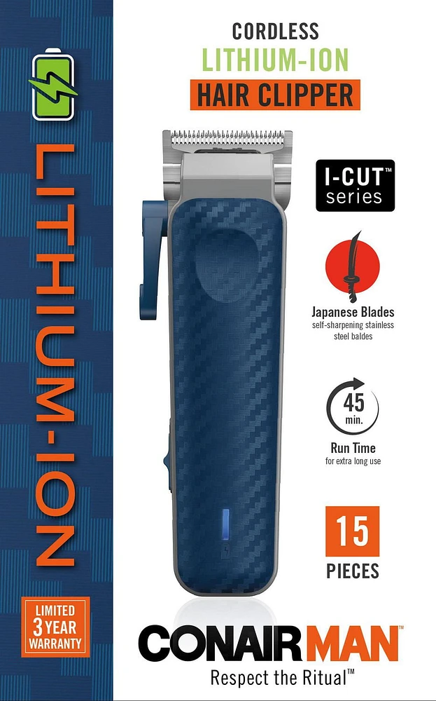 Conair Man I-Cut Series Rechargeable Lithium-ion Hair Clipper, 15 piece DC Motor Hair Cut Kit, 15 piece DC motor Hair Cut Kit