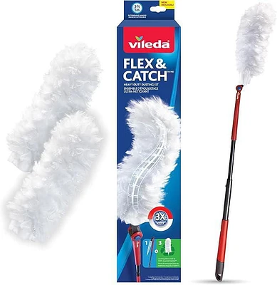 Vileda Flex & Catch Heavy Duty Duster for Cleaning, 3 ft. Handle Plus 3 Refills, Heavy Duty Dusting Kit