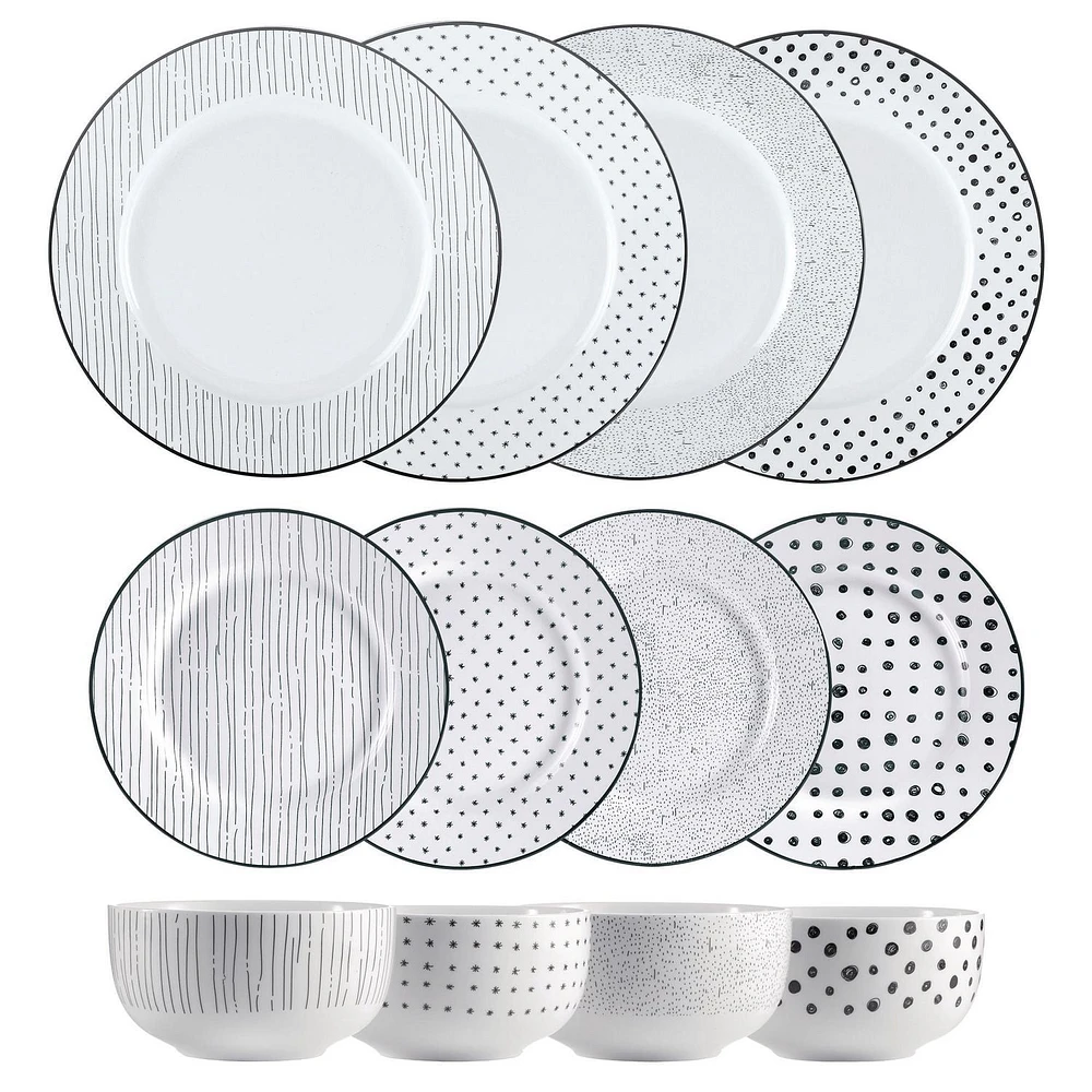 Safdie & Co. Dinnerset 12PC Black & White Sketch