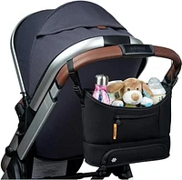 Bababing Stroller Caddy Organizer - Black - Compatible with All Strollers - Quick Attach with Adjustable Clips - Holds 2 Bottles, Large Central Pouch for Snacks, Phones, Essentials - Secure Zip Pocket and Insulated Pouch for Hot/Cold Items