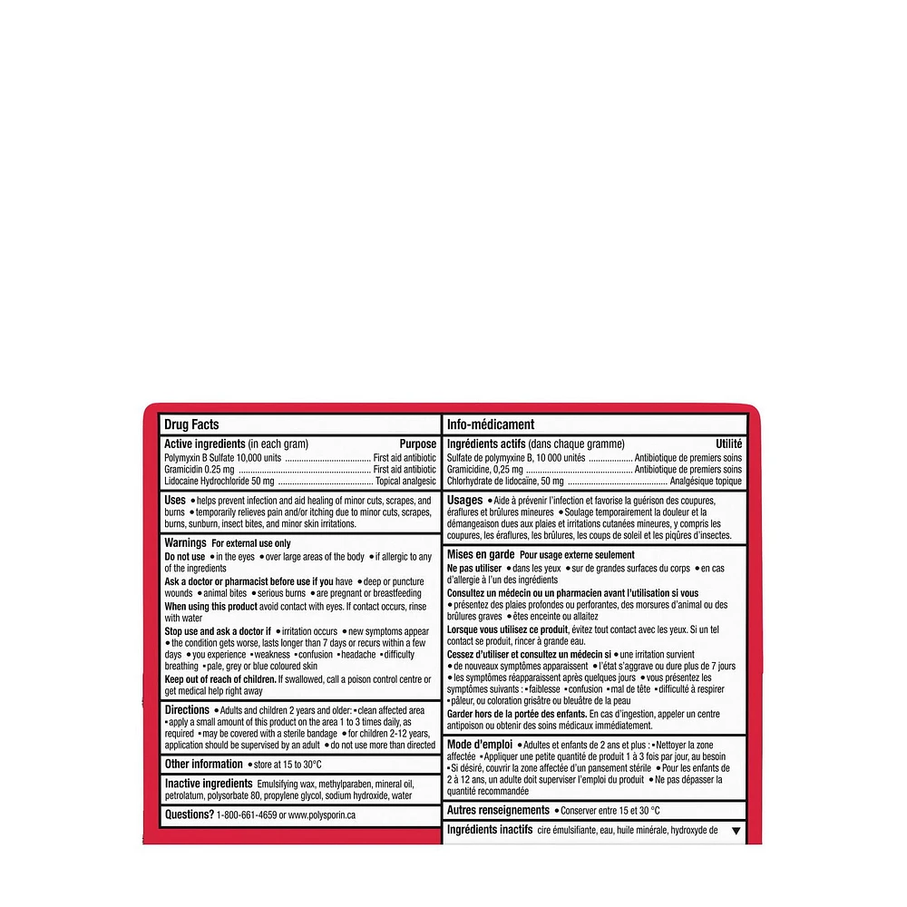 POLYSPORIN® Crème + Analgésique, 30 g en tubes de 30 g.