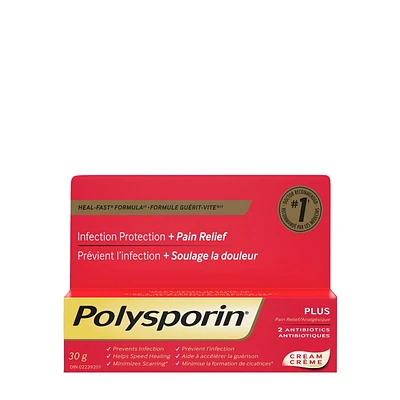 POLYSPORIN® Crème + Analgésique, 30 g en tubes de 30 g.