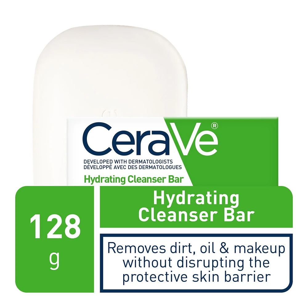 CeraVe Hydrating Cleansing Bar Soap-Free Body and Face Cleanser Bar with Hyaluronic Acid and 3 essential Ceramides Fragrance Free & Non-Irritating, 128 Grams, Hydrating Cleanser Bar