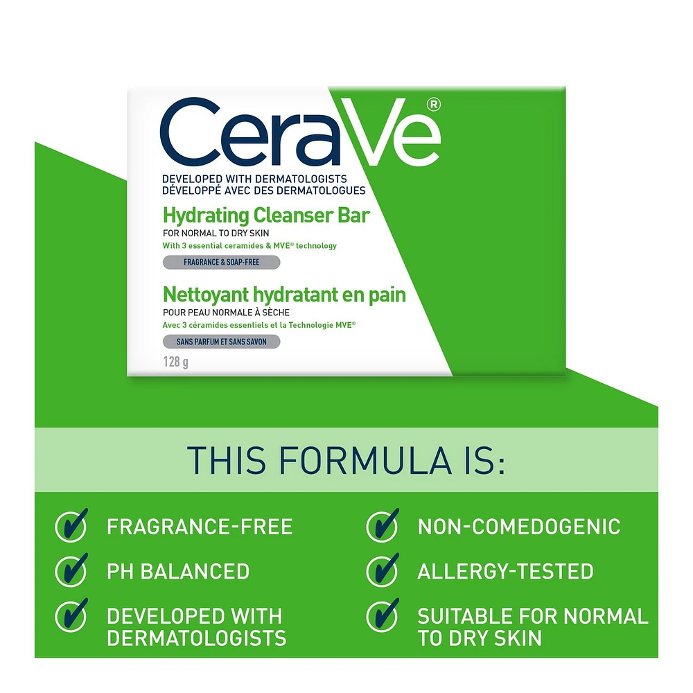 CeraVe Hydrating Cleansing Bar Soap-Free Body and Face Cleanser Bar with Hyaluronic Acid and 3 essential Ceramides Fragrance Free & Non-Irritating, 128 Grams, Hydrating Cleanser Bar