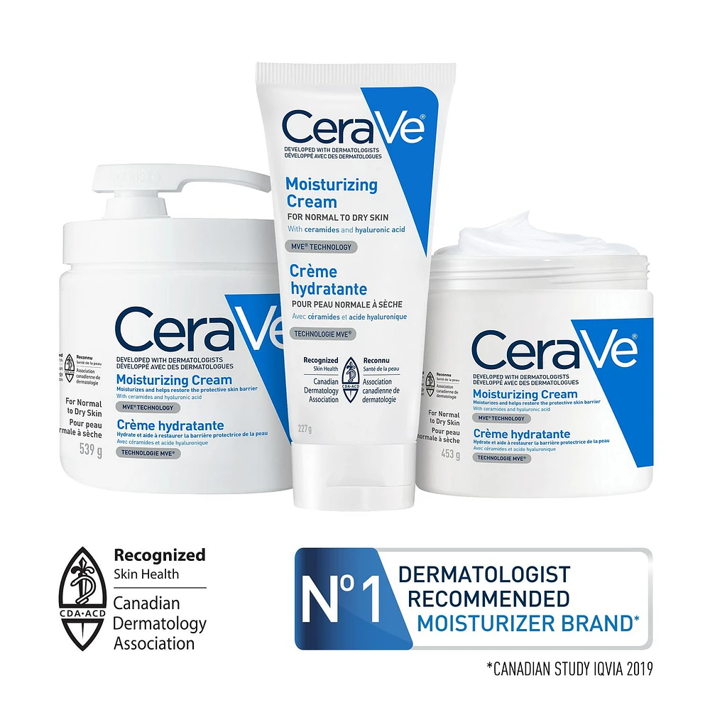 CeraVe Moisturizing Cream Hydratant quotidien pour le visage et le corps pour la peau sèche avec de l'acide hyaluronique et 3 céramides | Sans parfum Crème hydratante 453g
