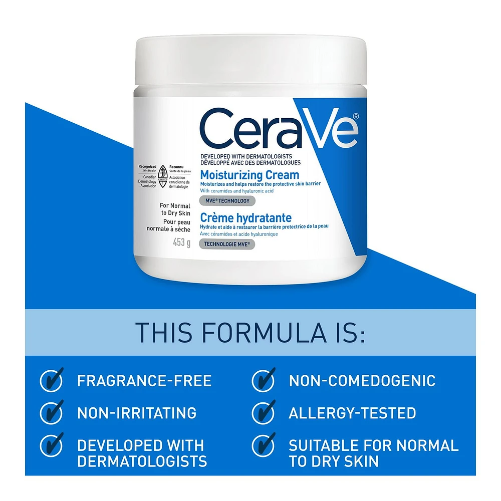 CeraVe Moisturizing Cream Hydratant quotidien pour le visage et le corps pour la peau sèche avec de l'acide hyaluronique et 3 céramides | Sans parfum Crème hydratante 453g