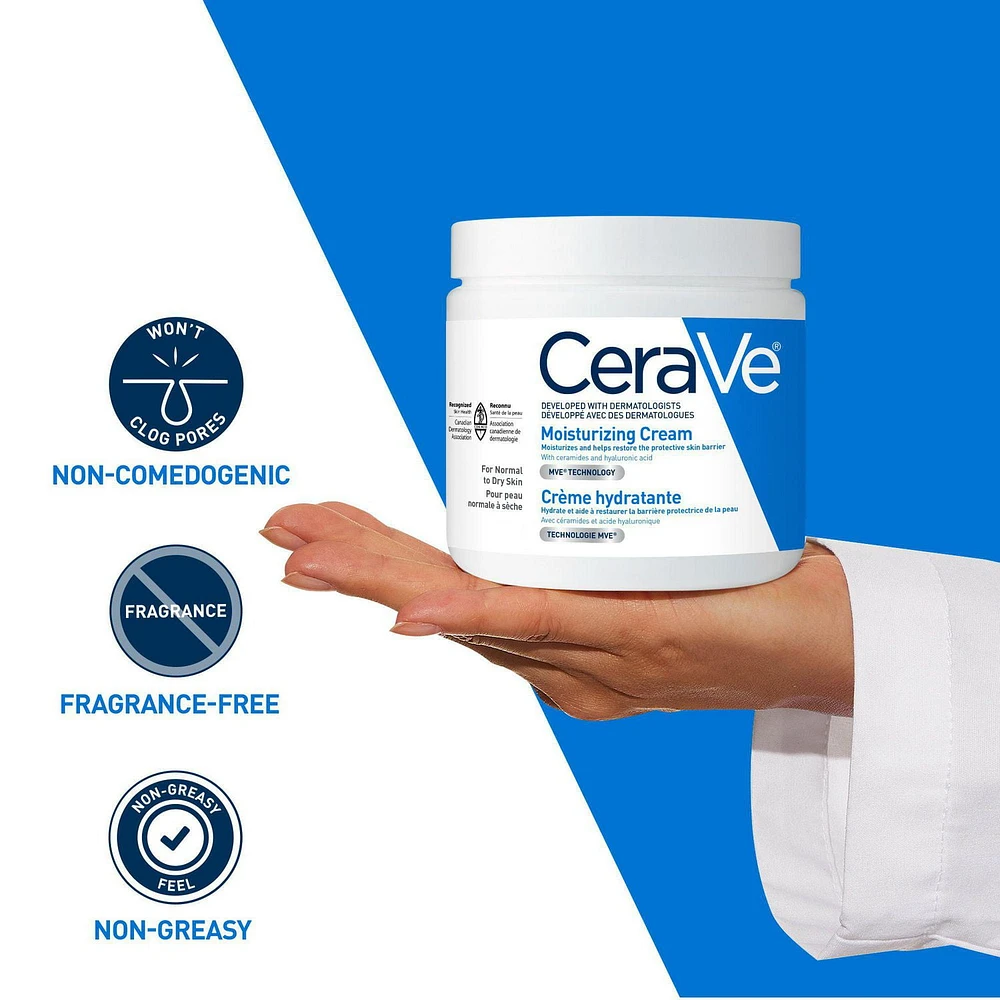 CeraVe Moisturizing Cream Hydratant quotidien pour le visage et le corps pour la peau sèche avec de l'acide hyaluronique et 3 céramides | Sans parfum Crème hydratante 453g