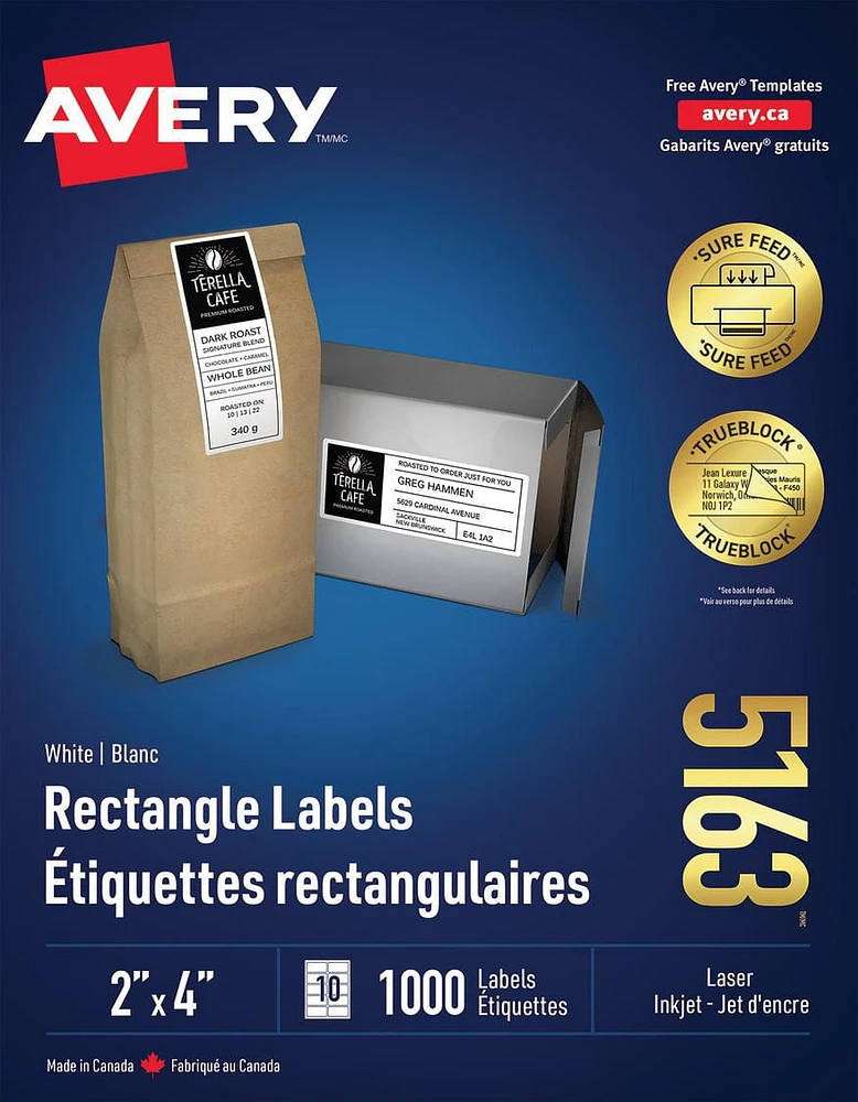 Avery White Rectangle Labels with Sure Feed Technology, TrueBlock, 2" x 4", for Laser and Inkjet Printers