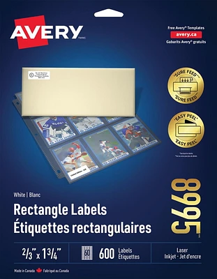 Avery White Rectangle Labels with Sure Feed Technology, Easy Peel, ⅔" x 1 ¾", for Laser and Inkjet Printers