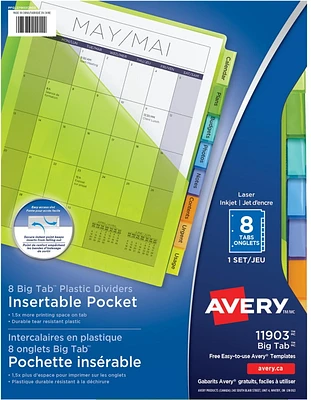 Avery Big Tab Insertable Plastic Dividers with Pockets, for Laser and Inkjet Printers, 9¼" x 11⅛", 8 tabs