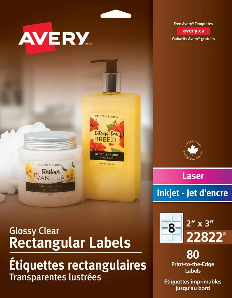 Avery Glossy Clear Rectangle Labels, 2" x 3", for Laser and Inkjet Printers