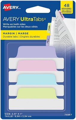 Avery UltraTabs Margin Tabs, 48 Repositionable, Two-Side Writable Tabs 2½" x 1"