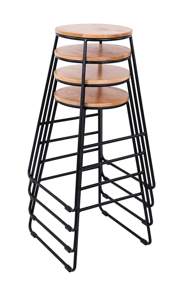 Mainstays 28"H Backless Stool - Black Metal Base with Natural Wood Seat - Stacking Set of 4