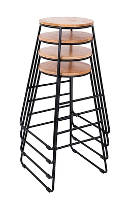 Mainstays 28"H Backless Stool - Black Metal Base with Natural Wood Seat - Stacking Set of 4