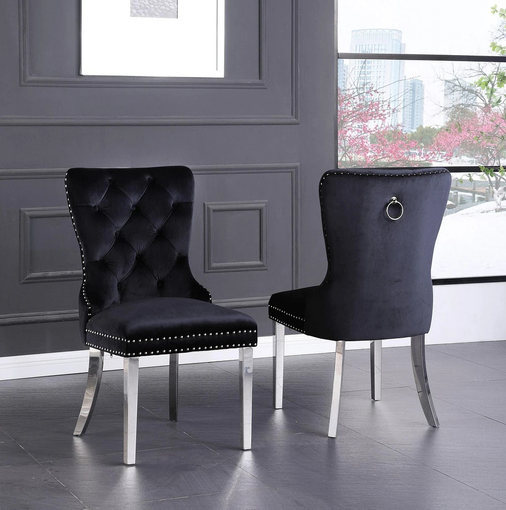 K-LIVING MYRA BLACK-COLORED TUFTED VELVET CHAIRS WITH STAINLESS STEEL LEGS & STURDY BACK HANDLE (2 CHAIRS)