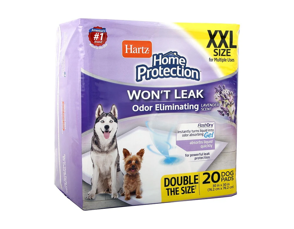 Hartz Home Protection Odour Eliminating Lavender 2XL Pee Pads and Training Pads for Puppies and Adult Dogs, 20ct XXL Dog Pads (30"x30")