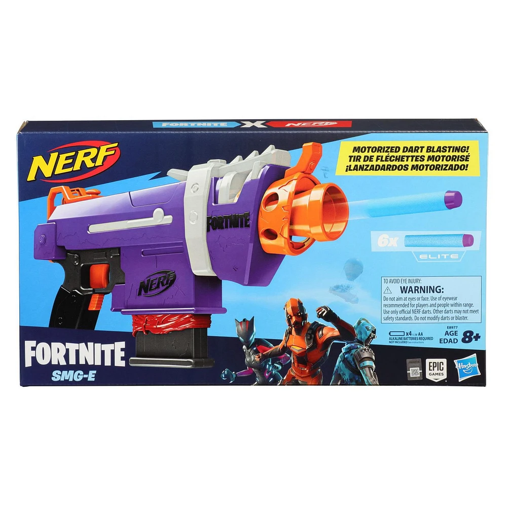 Blaster motorisé Fortnite SMG-E Nerf Elite avec chargeur, 6 fléchettes Nerf Elite Fortnite officielles
