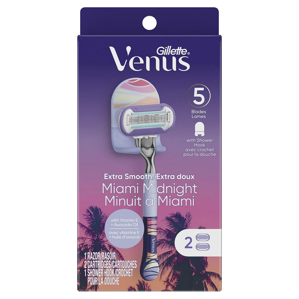 Gillette Venus Miami Midnight Extra Smooth Women's Razor Handle, 2 Blade Refills and Shower Hook, 1CT