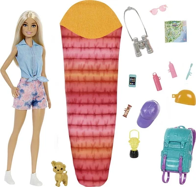 ​Barbie It Takes Two “Malibu” Camping Doll (11.5 in Blonde) with Pet Puppy, Backpack, Sleeping Bag & 10 Camping Accessories, Gift for 3 to 7 Year Olds, Ages 3+