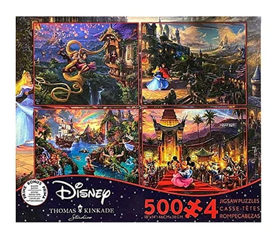 Ceaco Thomas Kinkade Disney 4-in-1 500-Piece Puzzles (Tangled, Sleeping Beauty, Peter Pan and Mickey & Minnie)