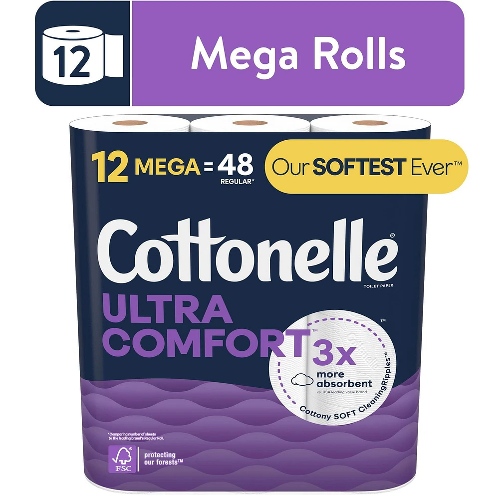 Papier hygiénique Cottonelle Ultra Comfort, papier hygiénique robuste, 12 méga rouleaux (12 méga rouleaux = 48 rouleaux ordinaires), 244 feuilles par rouleau