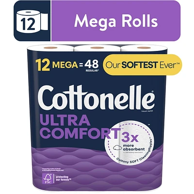 Papier hygiénique Cottonelle Ultra Comfort, papier hygiénique robuste, 12 méga rouleaux (12 méga rouleaux = 48 rouleaux ordinaires), 244 feuilles par rouleau