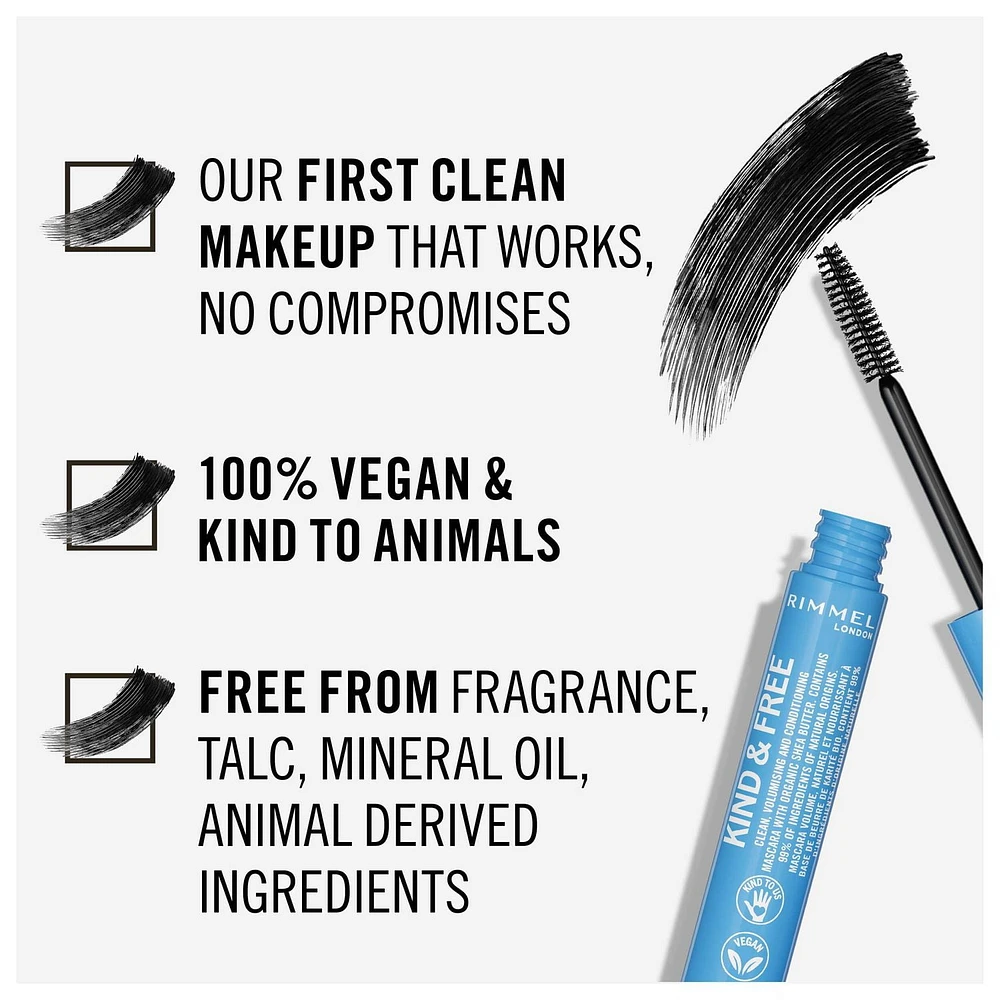 Rimmel KIND & FREE Clean Mascara, conditioning volumizing & lengthening - Infused with organic certified shea butter and biotin - Cruelty-Free & Vegan, Vegan mascara 7mL