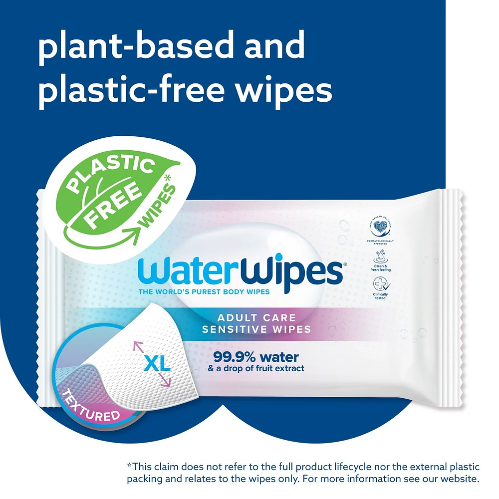 WaterWipes Adult Care, 99.9% Water Based Sensitive Wipes, 3 Resealable Packs (90 Wipes), WaterWipes Adult Care 90ct