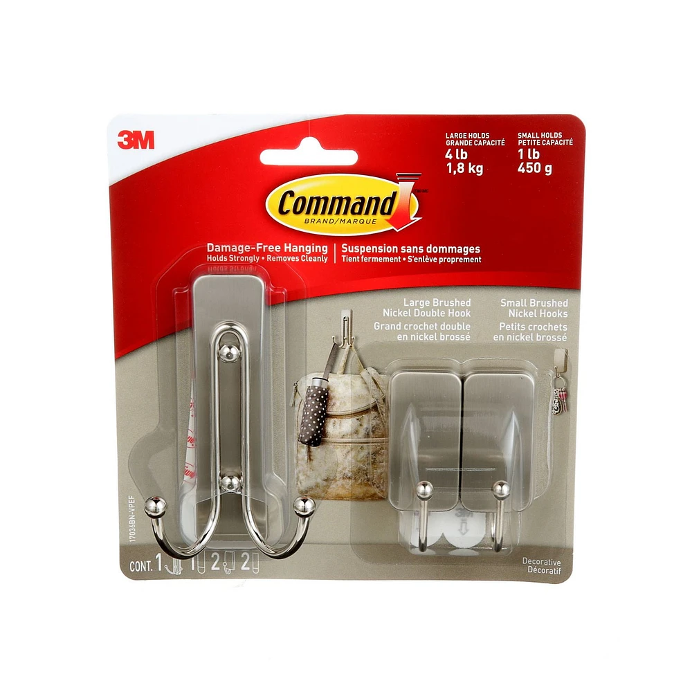 Command™ Double Hook 17036BN-VPEF, Brushed Nickel, 3 Hooks/3 Strips/Pack, Assorted Sizes