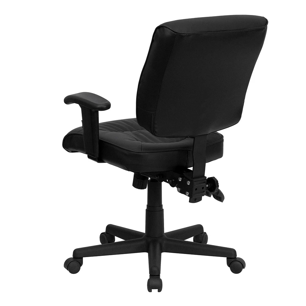 Mid-Back Black Leather Multifunction Swivel Task Chair with Adjustable Arms