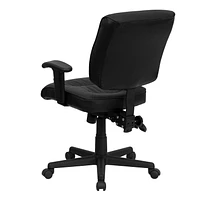 Mid-Back Black Leather Multifunction Swivel Task Chair with Adjustable Arms