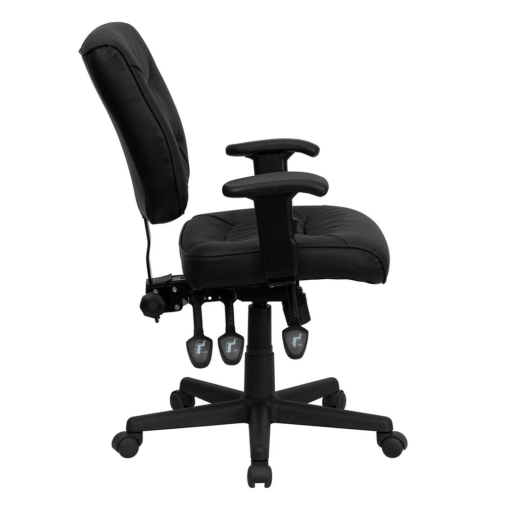 Mid-Back Black Leather Multifunction Swivel Task Chair with Adjustable Arms