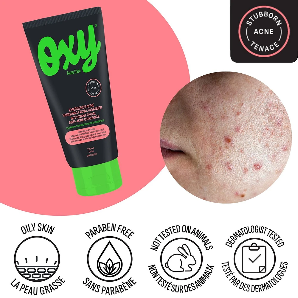 Oxy Emergency Acne Vanishing Facial Cleanser - 5% Benzoyl Peroxide – Stubborn Acne Control - Helps Treat, and Prevent Breakouts – Allows Skin to Heal - Fragrance Free - Dermatologist Tested, Acne Facial Cleanser