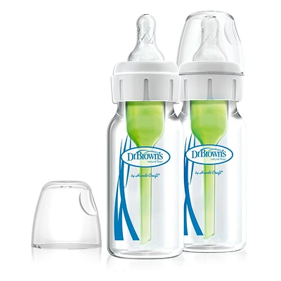 Dr. Brown’s Natural Flow Anti-Colic Options+ Narrow Glass Baby Bottles 4 oz/120 mL, with Level 1 Slow Flow Nipple, 2 Pack, 0m+, 4 oz, 2 pack