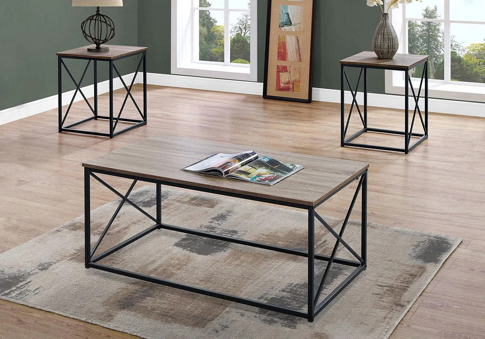 Monarch Specialties Table Set, 3pcs Set, Coffee, End, Side, Accent, Living Room, Metal, Laminate, Brown, Black, Contemporary, Modern