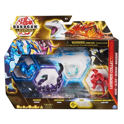 Bakugan Legends Collection Pack, 4-Pack featuring Maxodon Bakugan, Montrapod Geogan, Trox Nova, Dragonoid X Auxillataur Ultra, and 6 BakuCores, Kids Toys for Ages 6 and Up