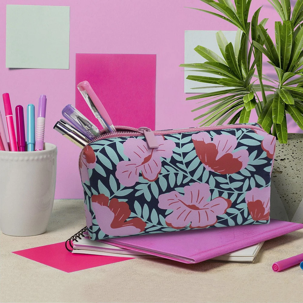 Pen+Gear Floral Vines Pencil Pouch in Navy with Bright Pink Flowers