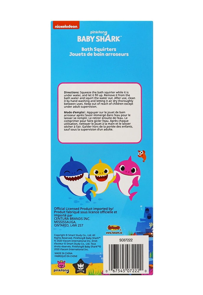 Baby Shark Bath Squirters, 5 Baby Shark bath squirter toys.