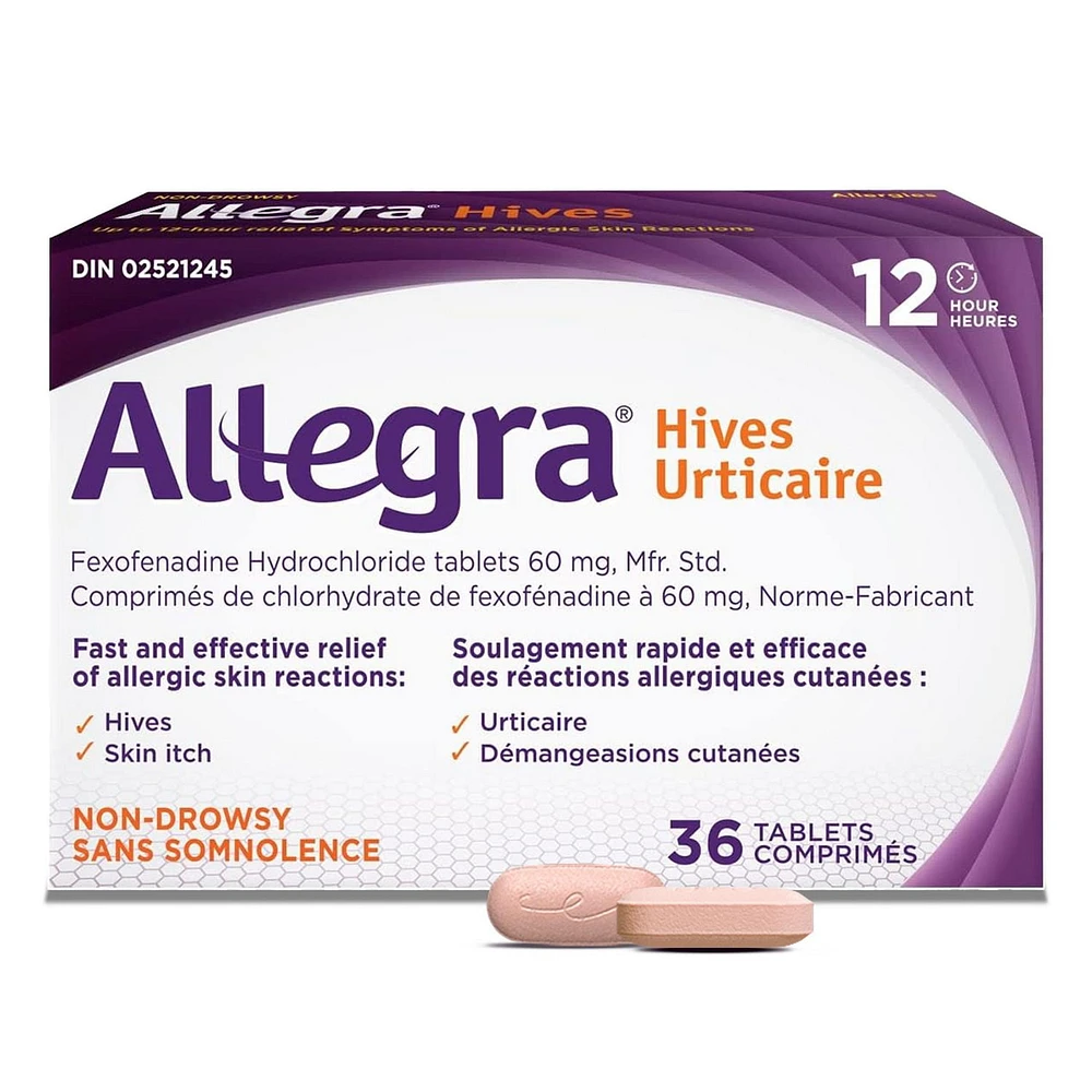 Allegra Urticaire, 12 heures de soulagement des démangeaisons dues à l'urticaire, sans somnolence, 60 mg de chlorhydrate de fexofénadine antihistaminique, adultes et enfants, 12 ans et plus, 36 comprimés 36 comprimés