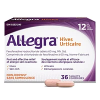 Allegra Urticaire, 12 heures de soulagement des démangeaisons dues à l'urticaire, sans somnolence, 60 mg de chlorhydrate de fexofénadine antihistaminique, adultes et enfants, 12 ans et plus, 36 comprimés 36 comprimés