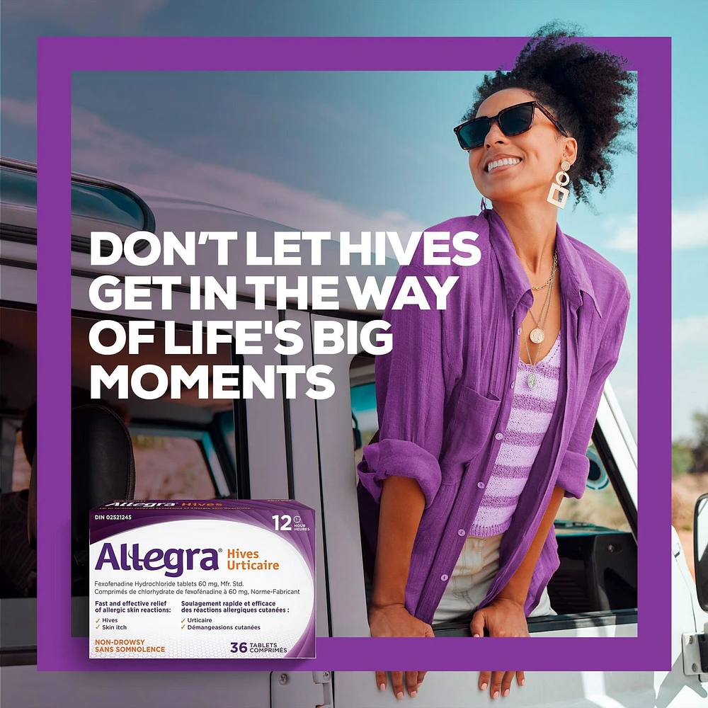 Allegra Urticaire, 12 heures de soulagement des démangeaisons dues à l'urticaire, sans somnolence, 60 mg de chlorhydrate de fexofénadine antihistaminique, adultes et enfants, 12 ans et plus, 36 comprimés 36 comprimés