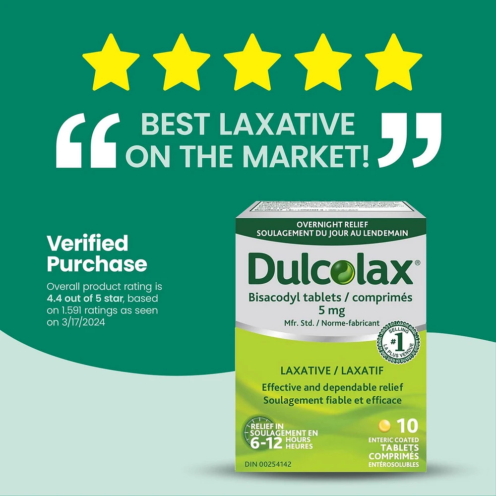 DulcoLax Comprimés 5 mg bisacodyl, laxatif stimulant pour soulager la constipation occasionnelle, laxatif et soulagement de la constipation pour les adultes, les enfants de 6 ans et plus et les femmes allaitantes, 10 comprimés 10 comprimés