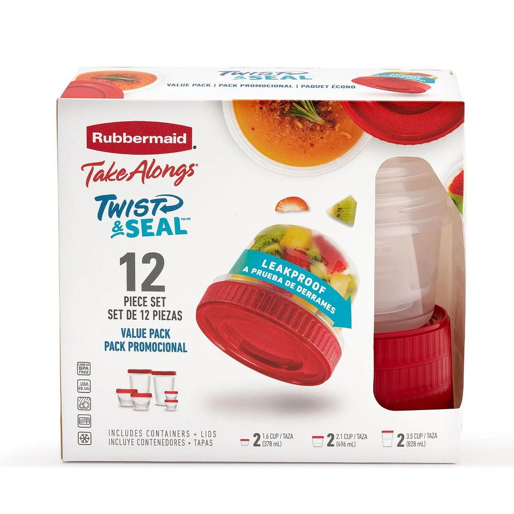 Rubbermaid TakeAlongs Twist & Seal Food Storage Containers, Ruby, 12-Piece Value Pack