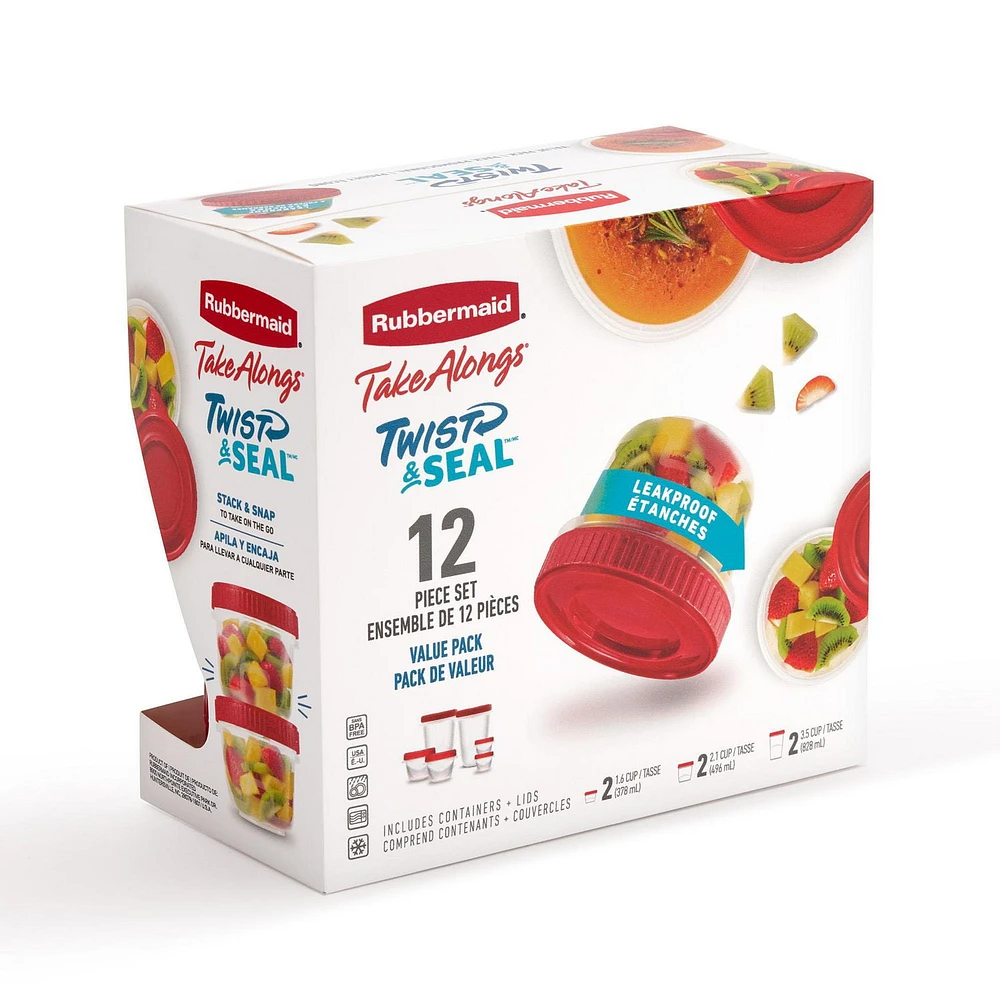 Rubbermaid TakeAlongs Twist & Seal Food Storage Containers, Ruby, 12-Piece Value Pack