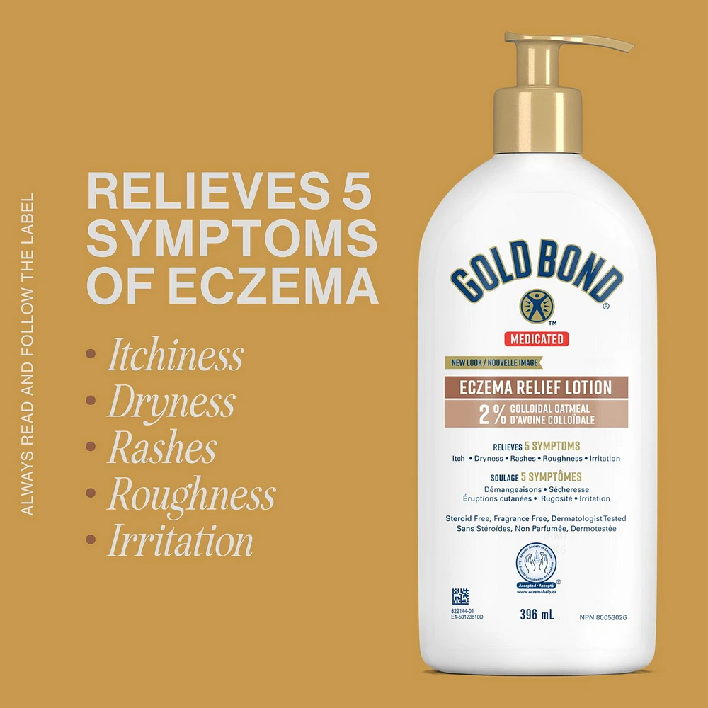 Gold Bond Medicated Eczema Relief Lotion, 396ml Pump Bottle, Hydrating and Moisturizing Body Lotion With 2% Colloidal Oatmeal to Combat Rashes and Help Relieve Minor Skin Irritation and Itching, 396 mL