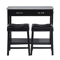 Homylin Bar Table Dining Set for 2, 3 Piece Grey Concrete-top 42" Table and Faux Leather Padded Chairs Counter Height Dining Table Set with Storage Drawers and Hooks for Small Space, Kitchen, Dining Room, Black