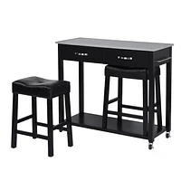 Homylin Bar Table Dining Set for 2, 3 Piece Grey Concrete-top 42" Table and Faux Leather Padded Chairs Counter Height Dining Table Set with Storage Drawers and Hooks for Small Space, Kitchen, Dining Room, Black