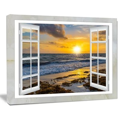 Design Art Open Window to Bright Yellow Sunset Modern Seascape Canvas Artwork Print