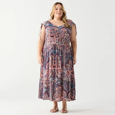 DV Robe longue florale sans manches avec col en V et ourlet à volants en gradins