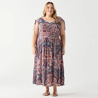 DV Robe longue florale sans manches avec col en V et ourlet à volants en gradins